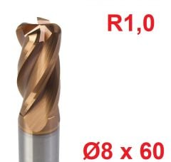 Ø8 x 60 mm R1 Karbür Köşe Radüs Freze