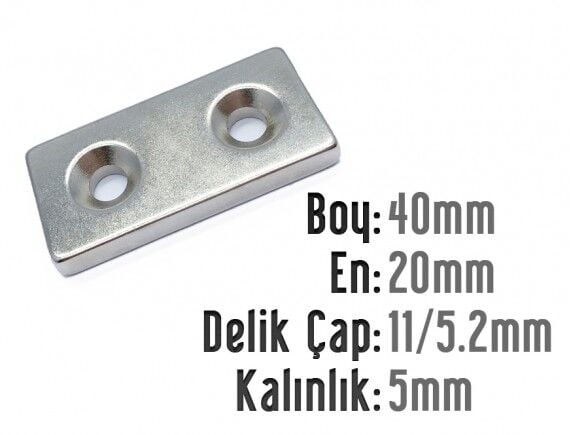 40 x 20 x 5 mm Havşalı Neodyum Mıknatıs