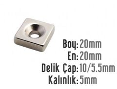 20 x 20 x 5 mm Havşalı Neodyum Mıknatıs