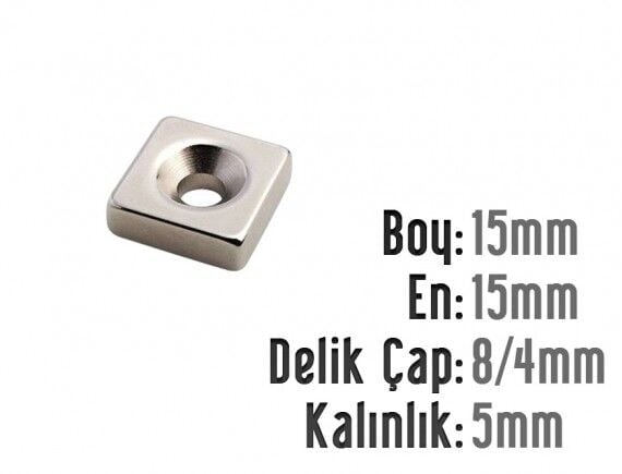 15 x 15 x 5 mm Havşalı Neodyum Mıknatıs