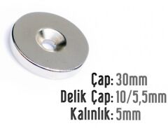 Ø30 x 5 mm Havşalı Neodyum Mıknatıs